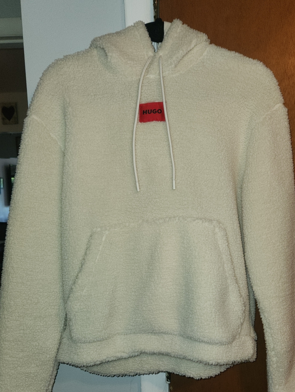 HUGO Cream Sherpa Crewneck Hoodie with Red Logo Patch